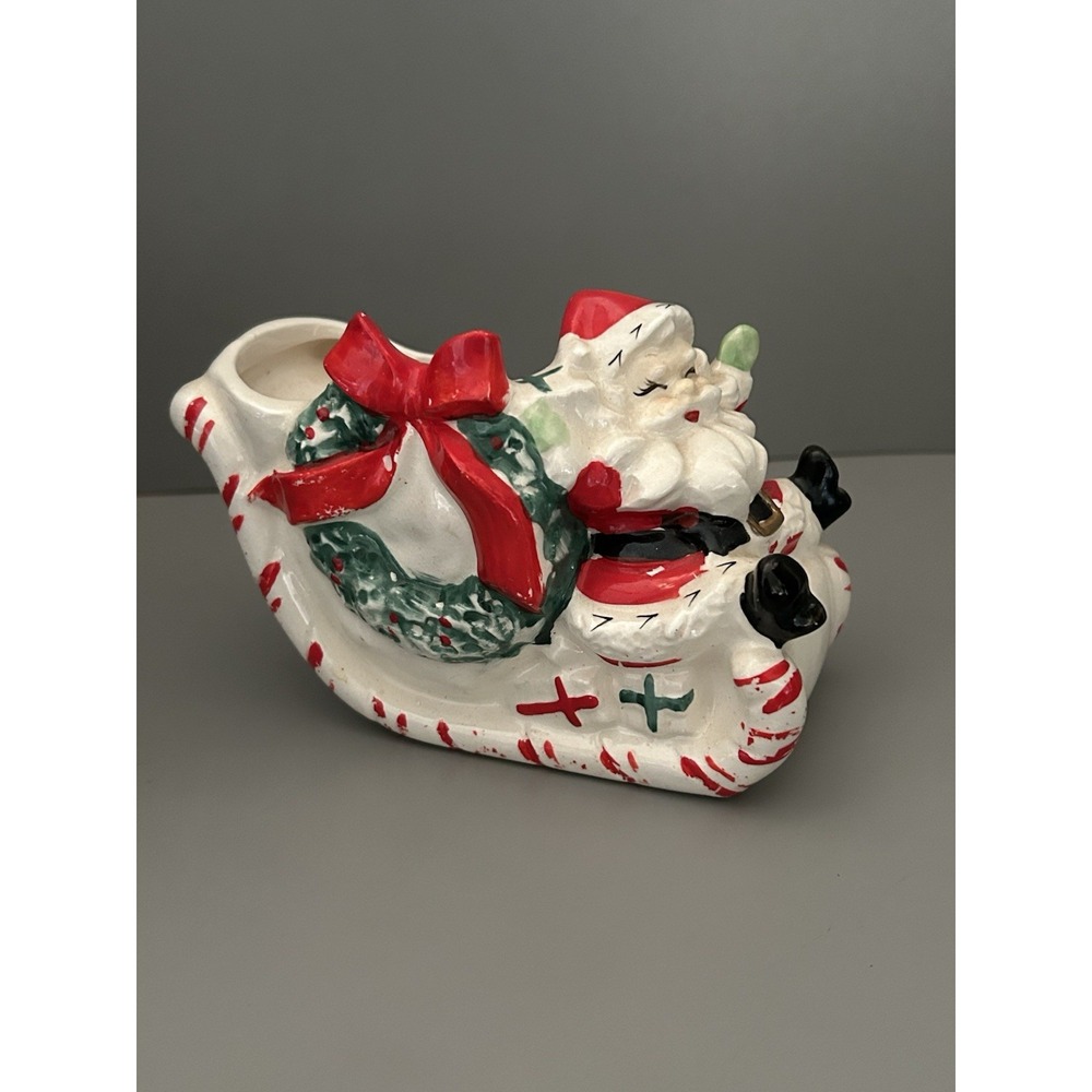 Vintage Ucagco Japan Ceramic Christmas Santa Sleigh Planter - 6"x3" 1950s Rare!